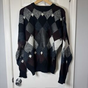 Vtg Impact Mens Sweater‎ Sz L Knit Argyle Leather Patches Trim Navy Maroon Gray